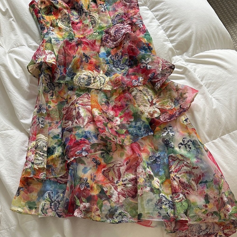 Marchesa Multicolor Embroidery Asymmetrical Tiered Midi Dress - Picture 5 of 7